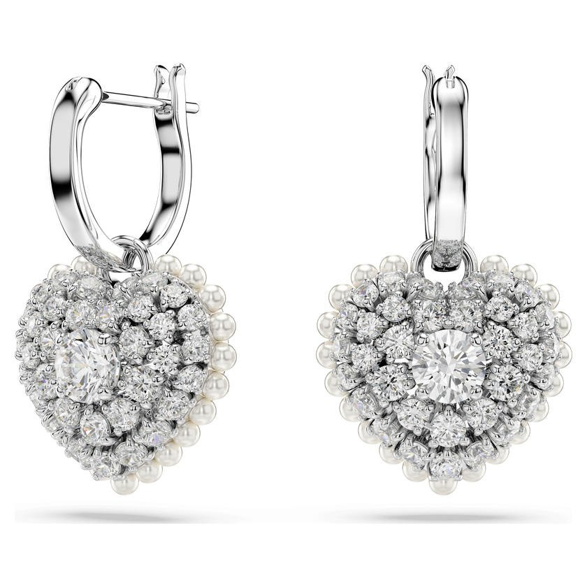 swarovski hyperbola drop earrings  crystal pearl  heart  white  rhodium plated
