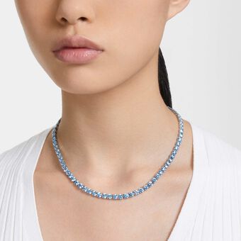 swarovski matrix tennis necklace  round cut  blue  rhodium plated