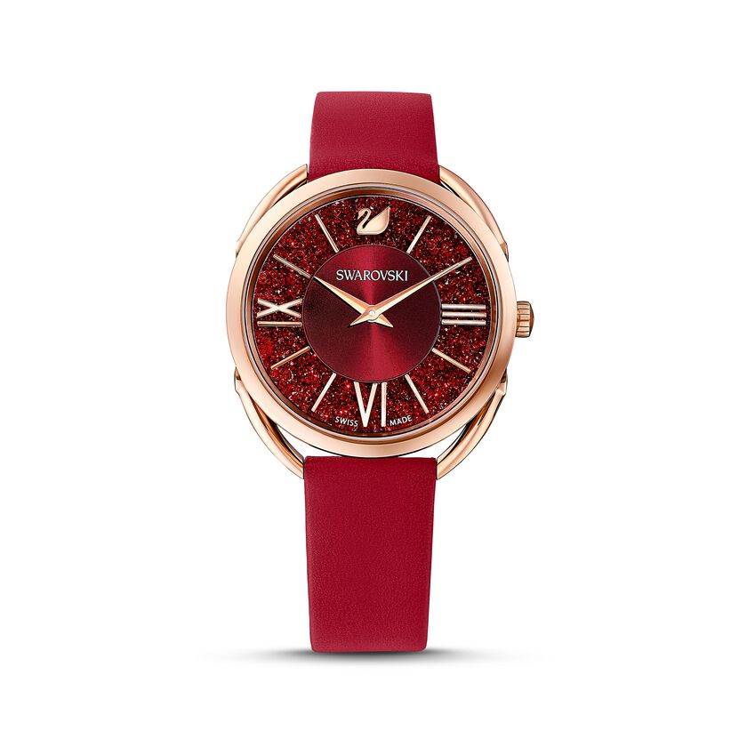 Crystalline Glam Watch, Leather strap, Red, Rose-gold tone PVD