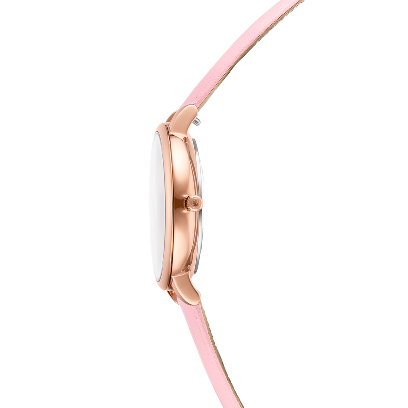swarovski teddy watch  swiss made  leather strap  pink  rose gold tone finish