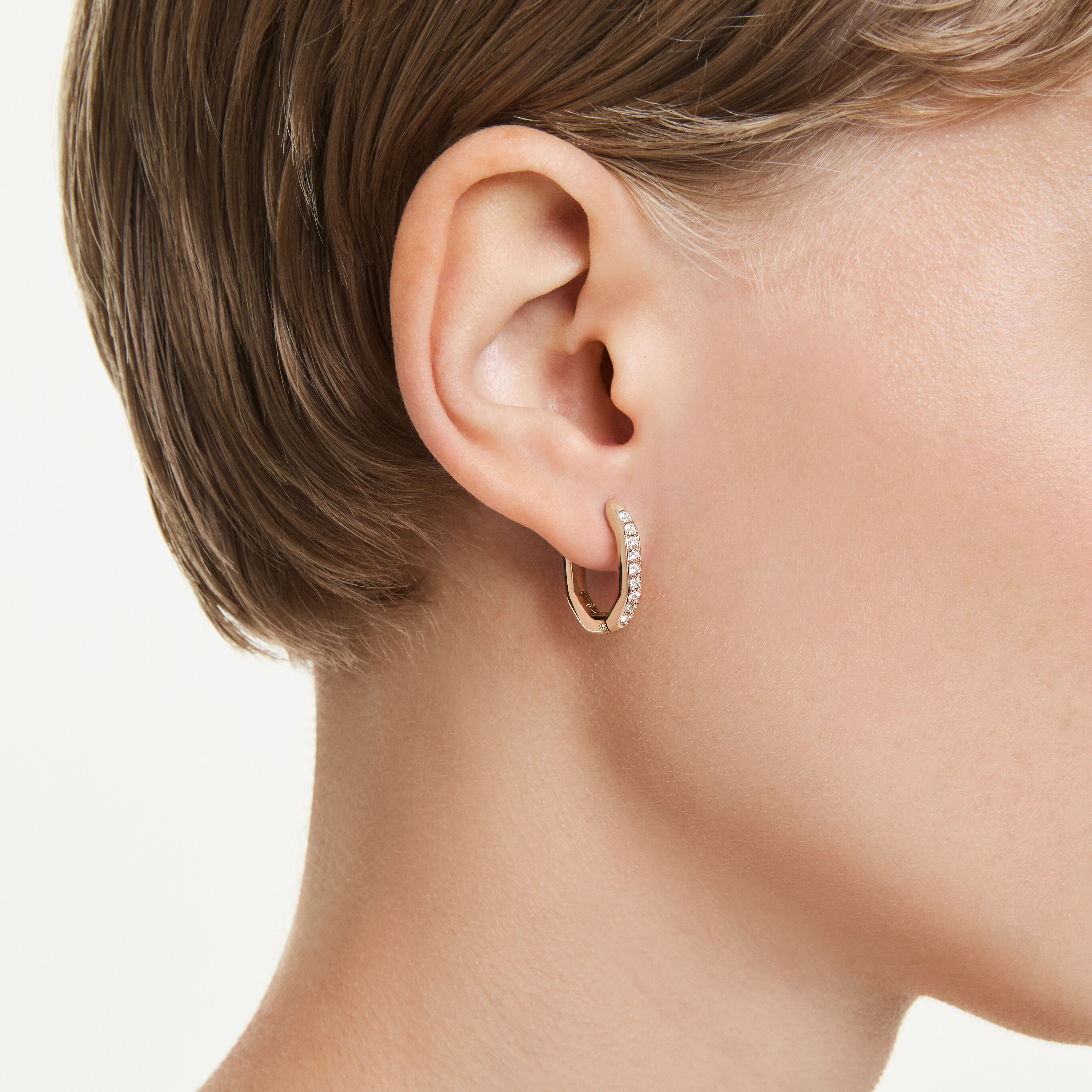 swarovski dextera hoop earrings  octagon shape  round cut  small  white  rose gold tone plated