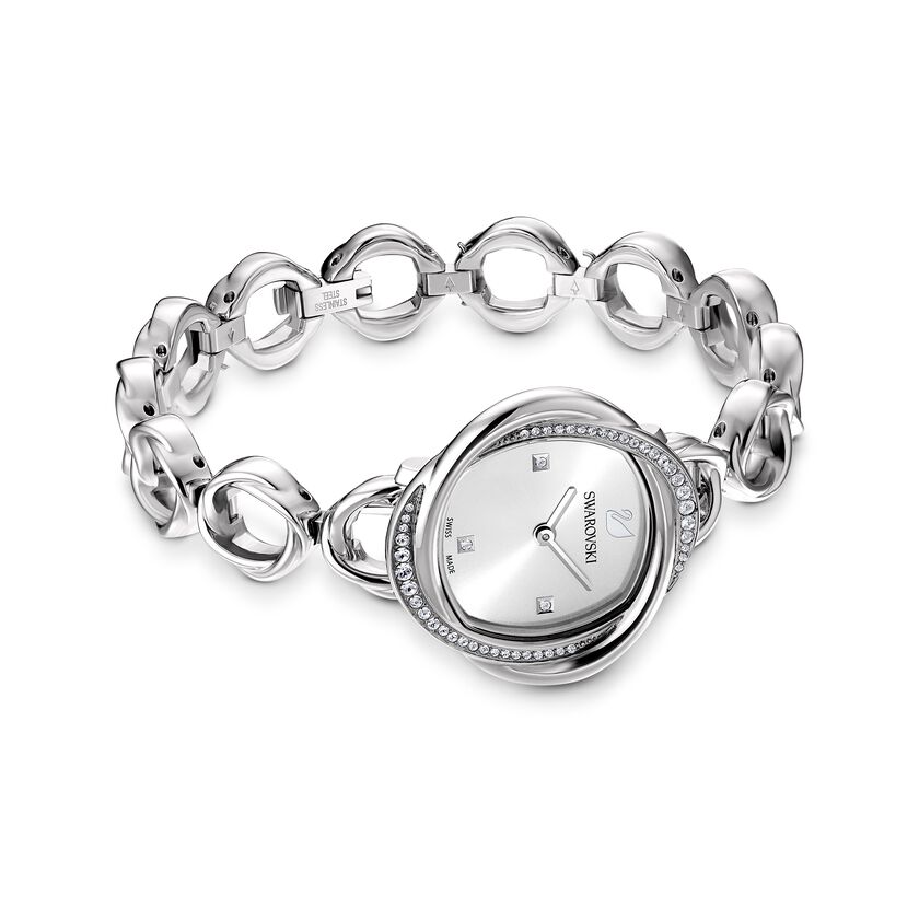 Crystal Flower Watch, Metal bracelet, Silver Tone, Stainless steel
