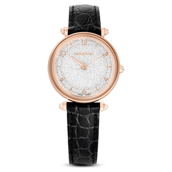 swarovski crystalline wonder watch  swiss made  leather strap  black  rose gold tone finish