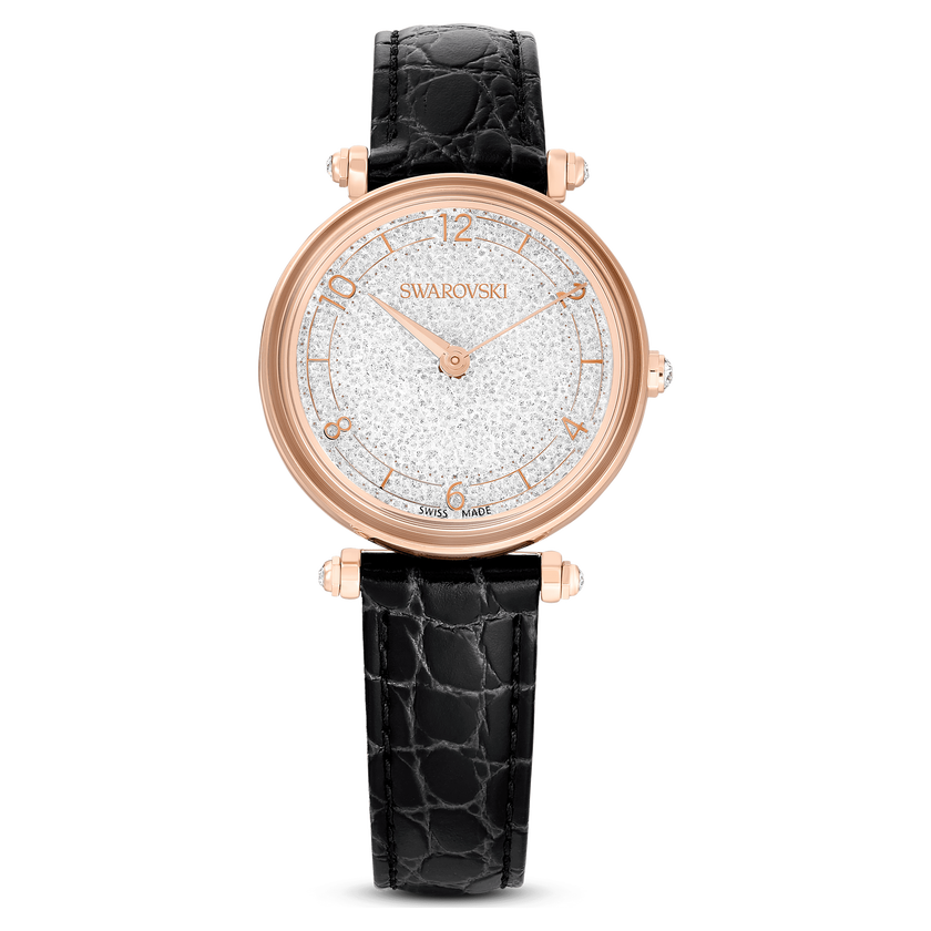 swarovski crystalline wonder watch  swiss made  leather strap  black  rose gold tone finish