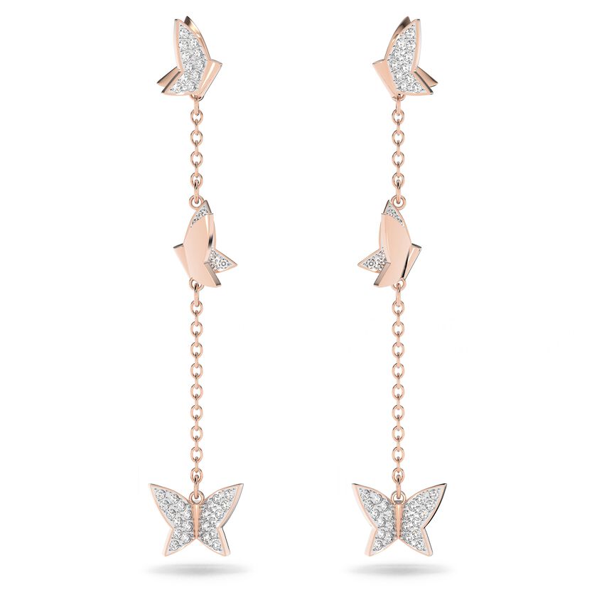 Lilia drop earrings, Butterfly, Long, White, Rose-gold tone plated