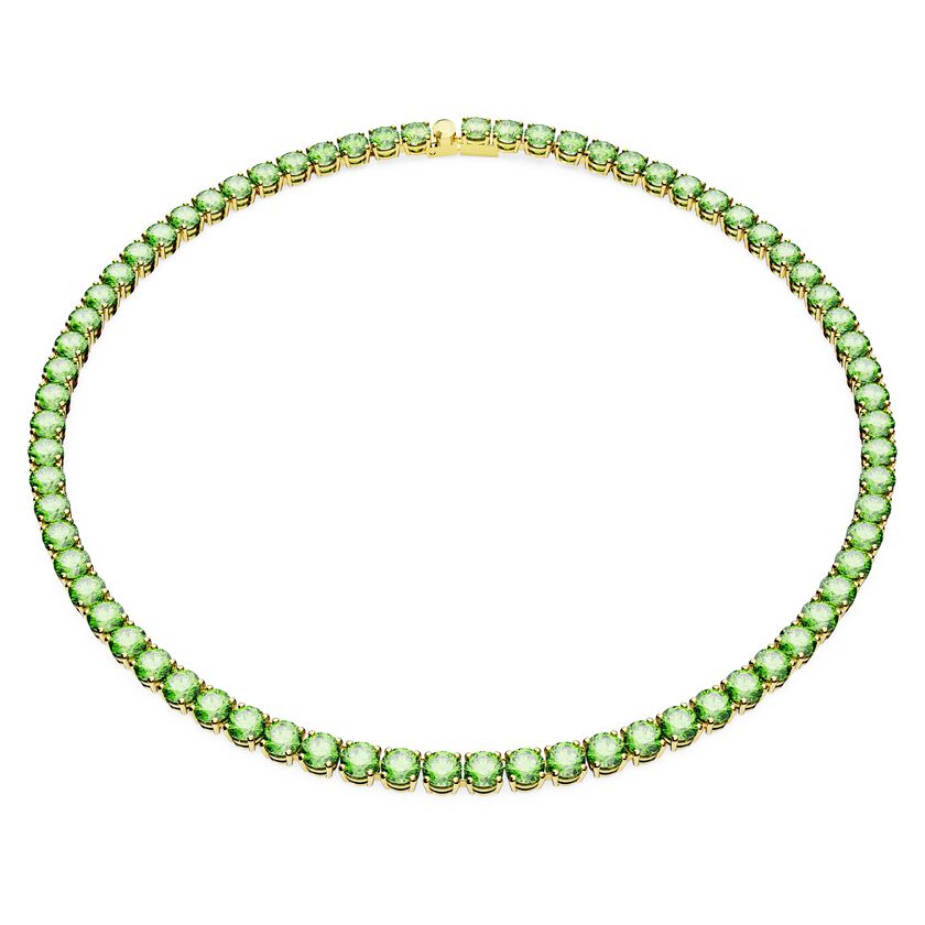 Matrix Tennis necklace, Round cut, Green, Gold-tone plated
