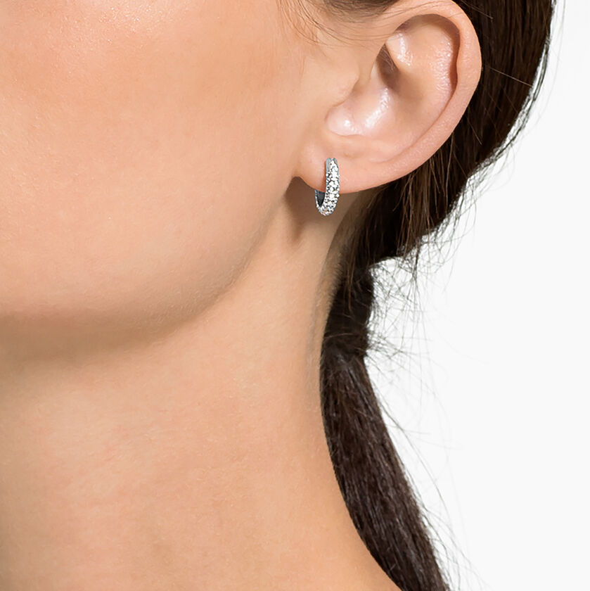 Stone hoop earrings, Pavé, Small, White, Rhodium plated