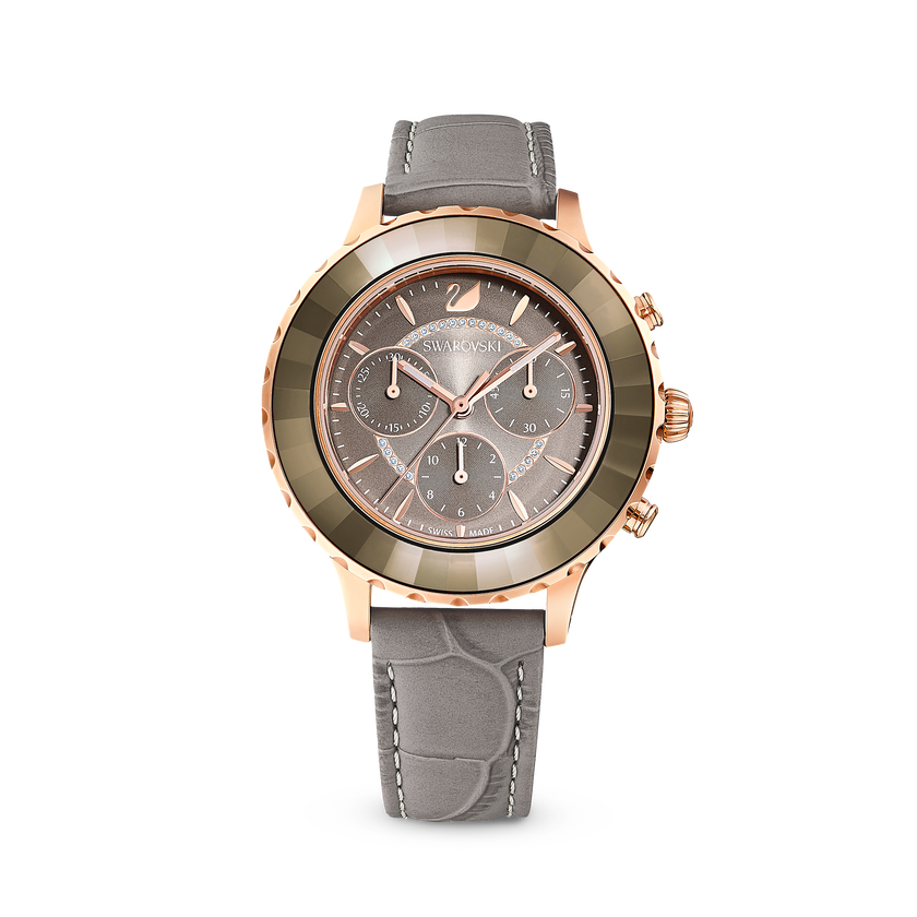 Octea Lux Chrono Watch, Leather Strap, Gray, Rose gold tone