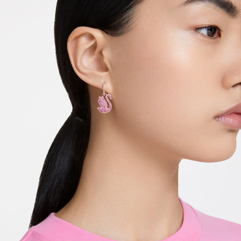 Swarovski Iconic Swan drop earrings, Swan, Pink, Rose gold-tone plated