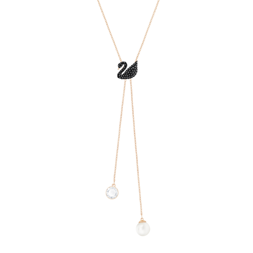 Iconic Swan Double Y Necklace, Black, Rose Gold Plating