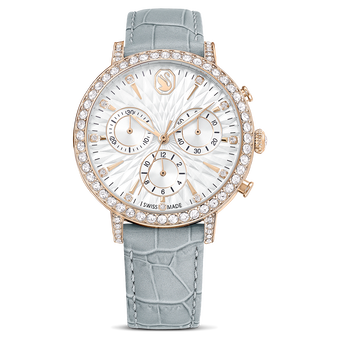 swarovski matrix tennis chrono watch swiss made leather strap gray champagne gold tone finish