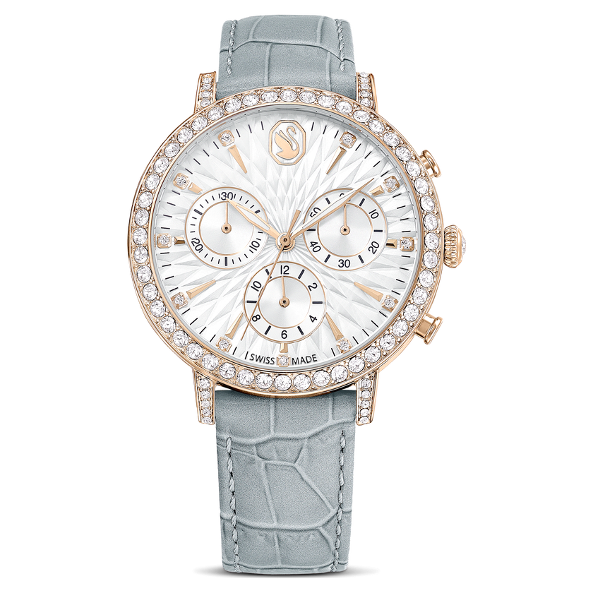 swarovski matrix tennis chrono watch  swiss made  leather strap  gray  champagne gold tone finish