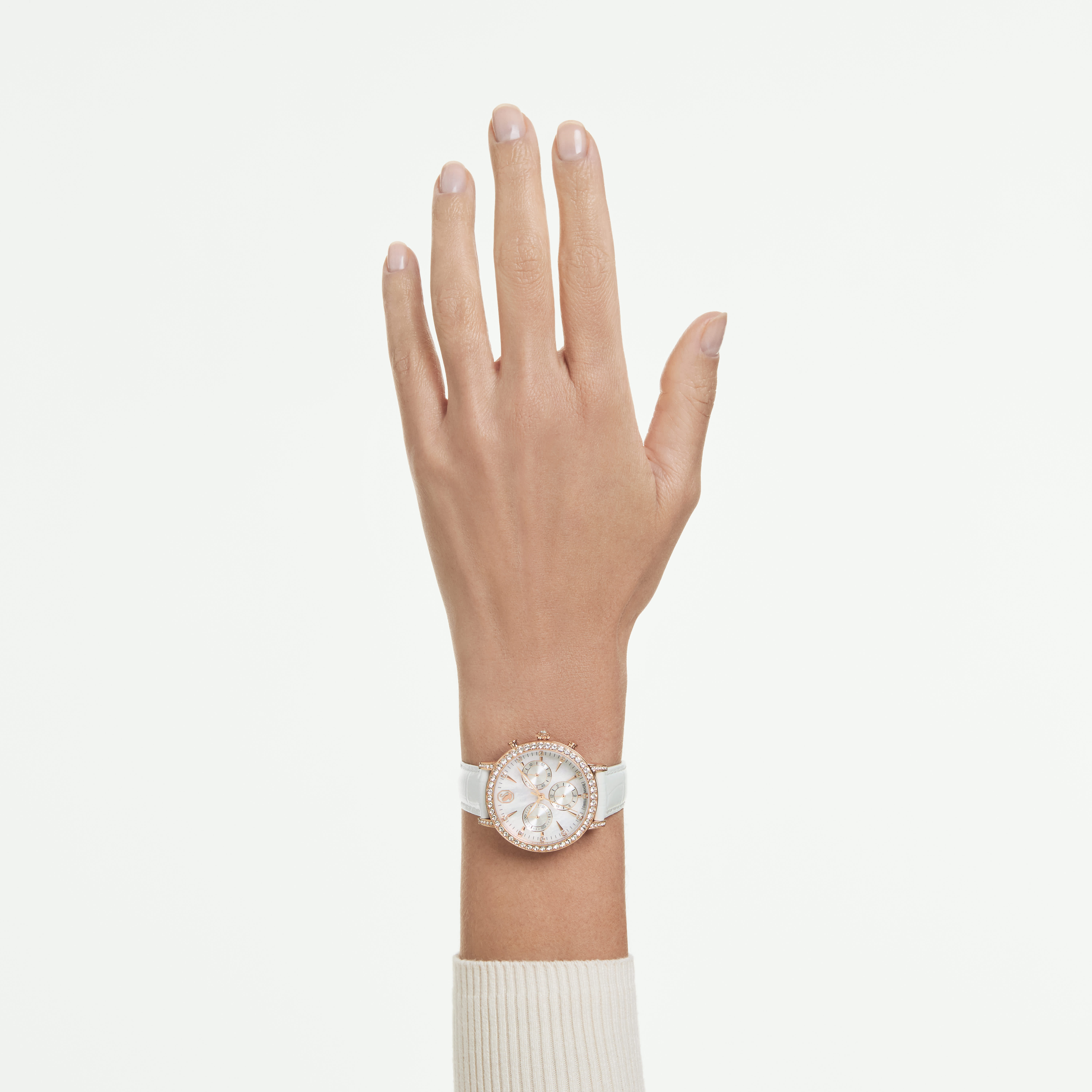 swarovski matrix tennis chrono watch  swiss made  leather strap  rose gold tone  rose gold tone finish