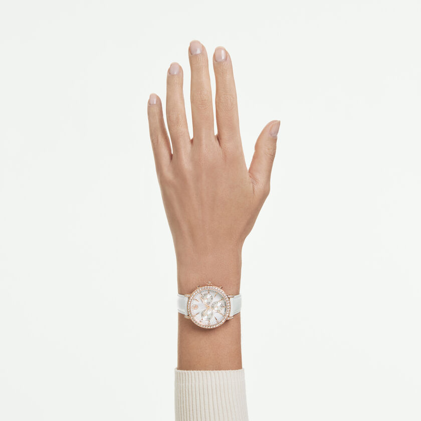 swarovski matrix tennis chrono watch  swiss made  leather strap  white  rose gold tone finish