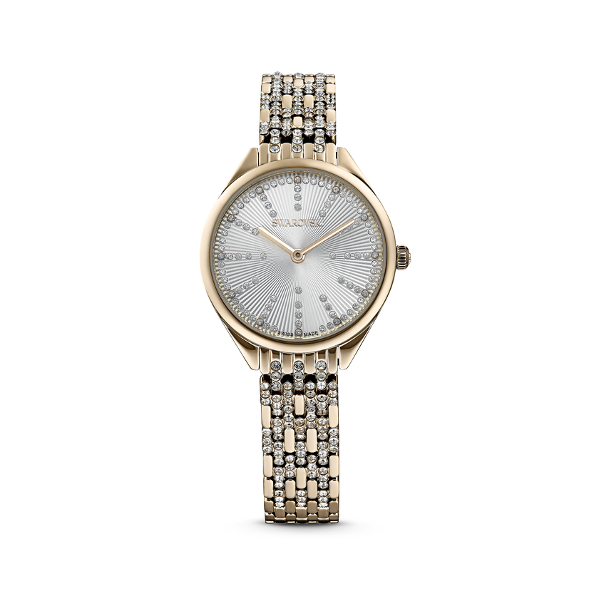 swarovski attract watch  swiss made  metal bracelet  gold tone  champagne gold tone finish
