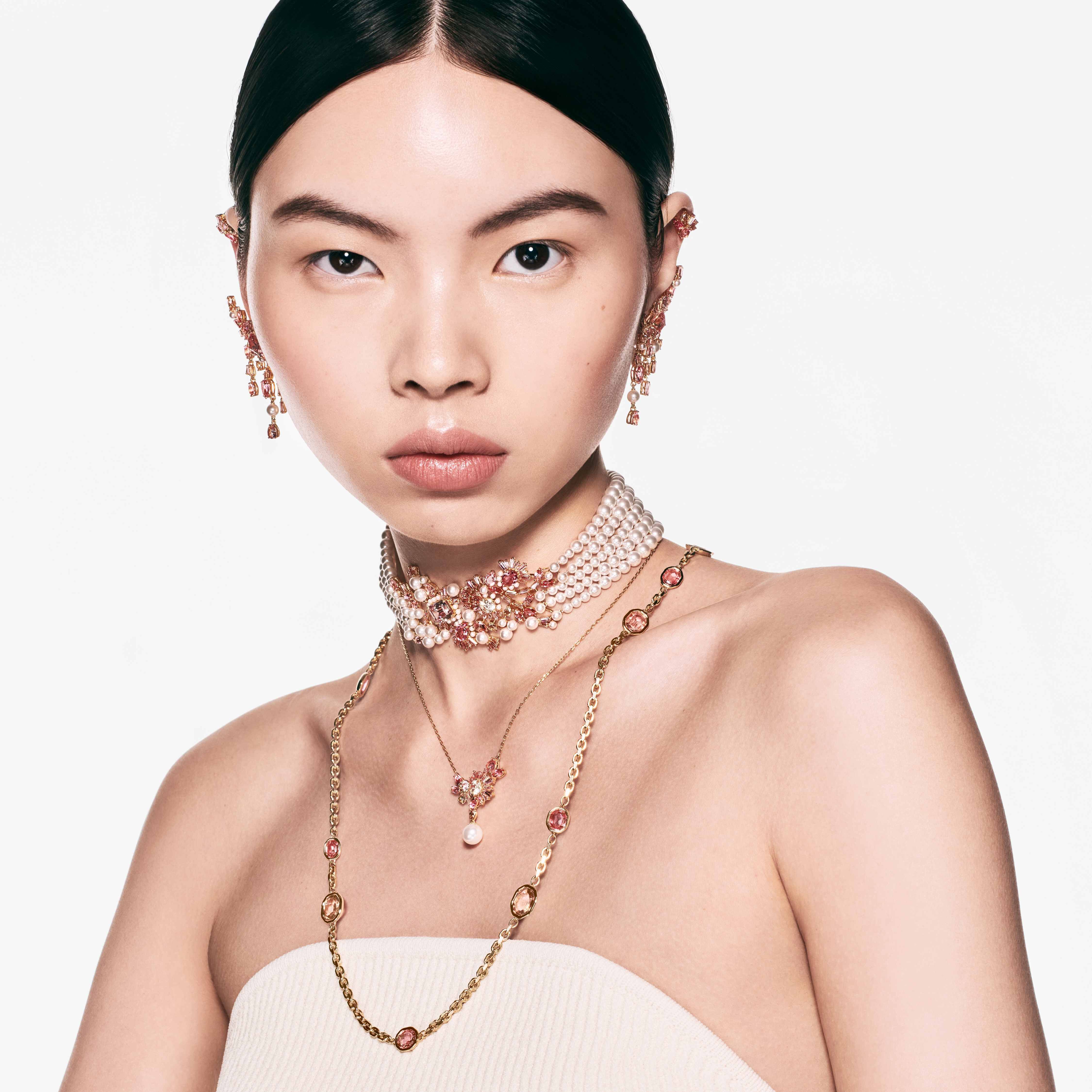 swarovski imber strand  round cut  pink  gold tone plated