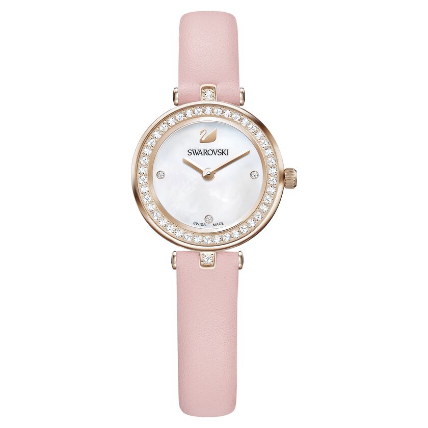 Aila Dressy Mini Watch, Leather strap, Pink, Champagne-gold tone PVD