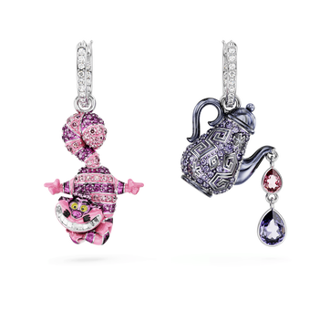 swarovski alice in wonderland drop earrings  asymmetrical design  cat and teapot  multicolored  rhodium plated