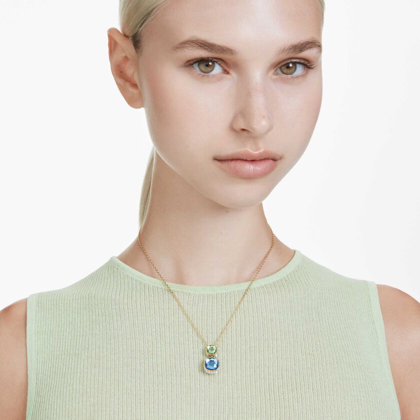 swarovski chroma pendant  cushion cut  multicolored  gold tone plated
