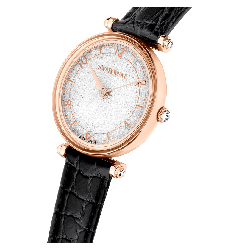swarovski crystalline wonder watch  swiss made  leather strap  black  rose gold tone finish