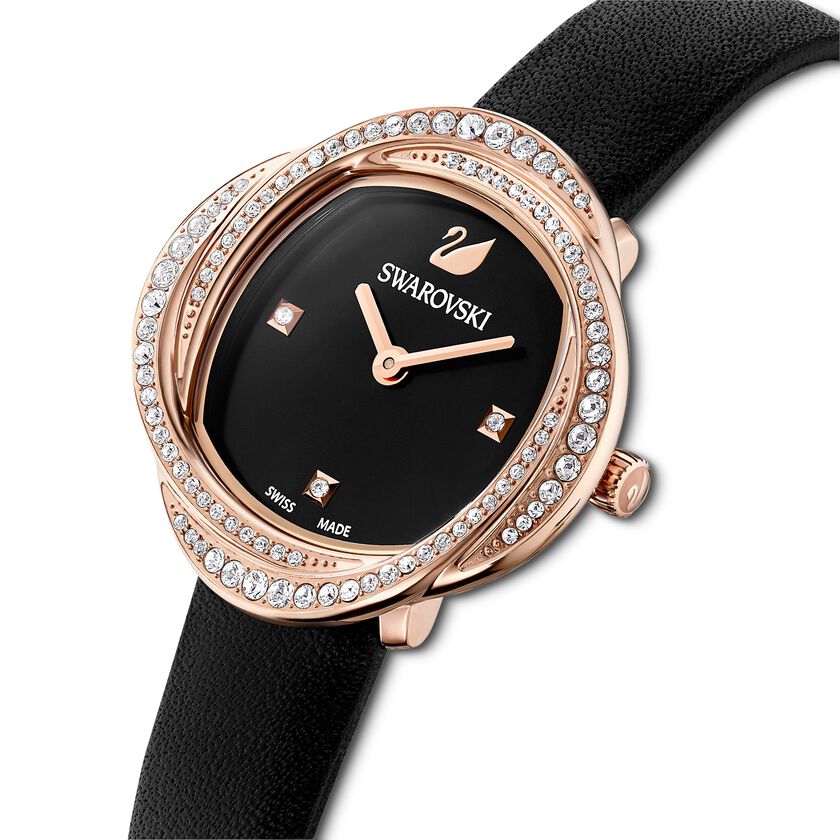 Crystal Flower Watch, Leather strap, Black, Rose-gold tone PVD