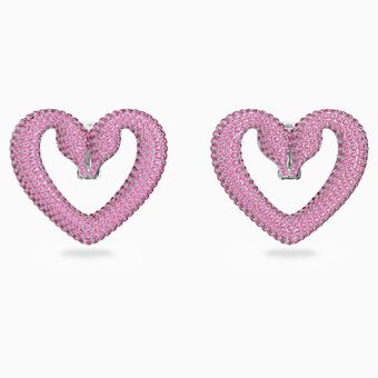 Una clip earrings, Heart, Medium, Pink, Rhodium plated