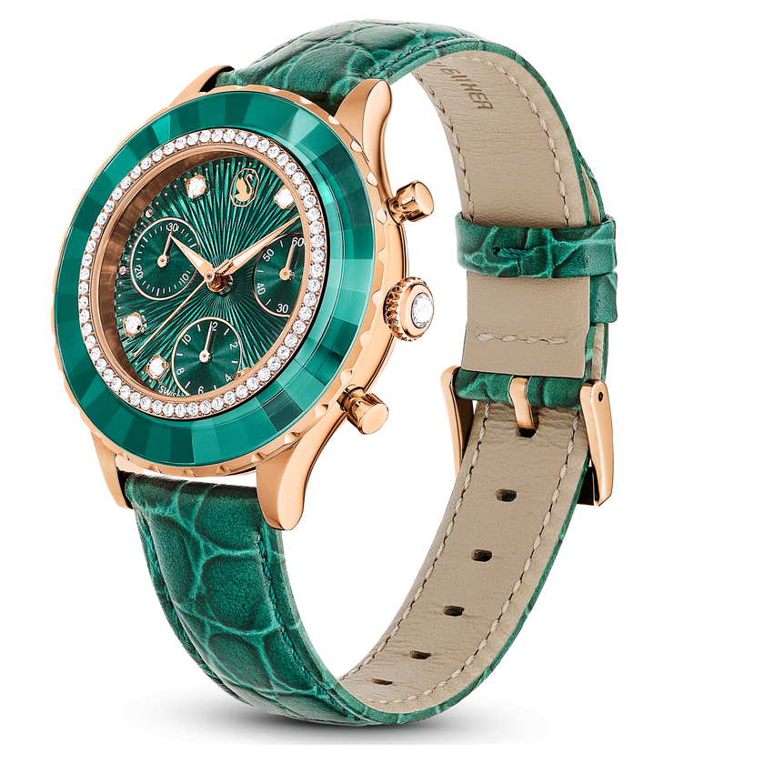 swarovski octea chrono watch  swiss made  leather strap  green  rose gold tone finish