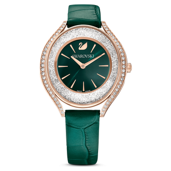 swarovski crystalline aura watch leather strap green rose gold tone finish