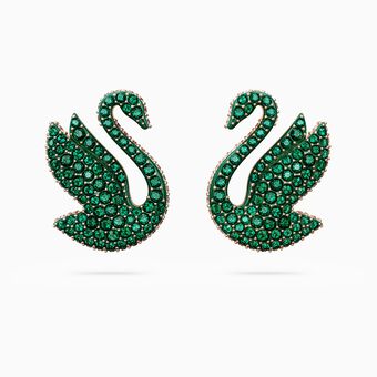 Swarovski Iconic Swan stud earrings, Swan, Green, Rose gold-tone plated