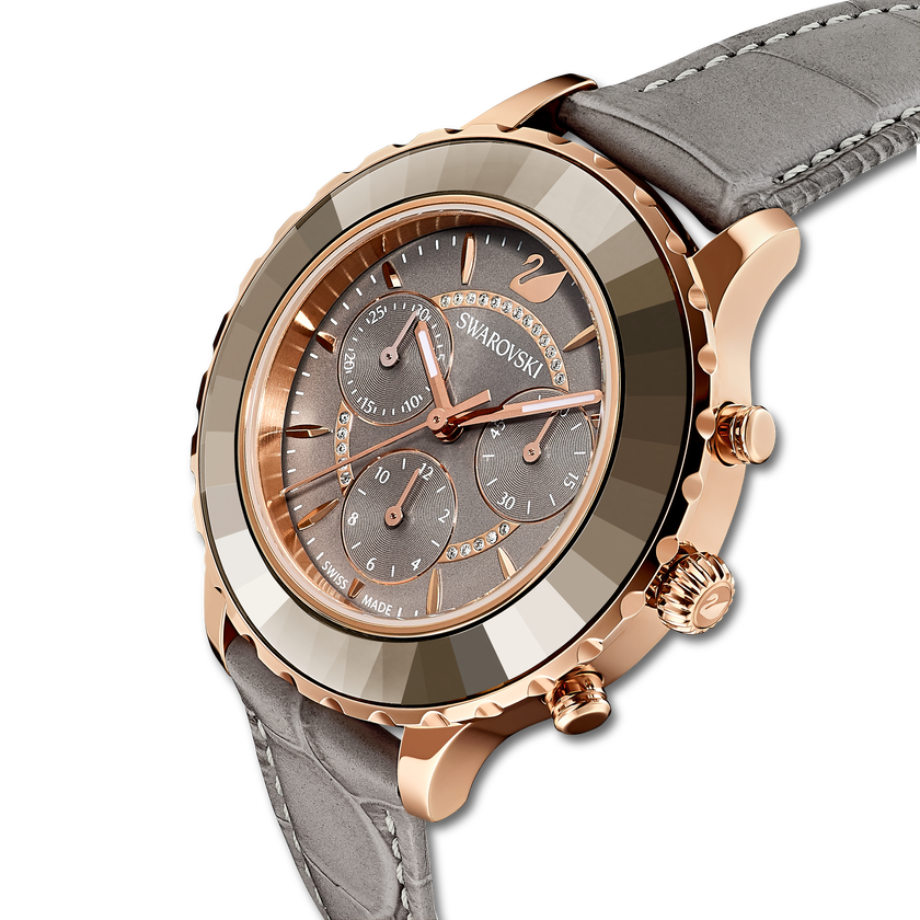 Octea Lux Chrono Watch, Leather Strap, Gray, Rose gold tone