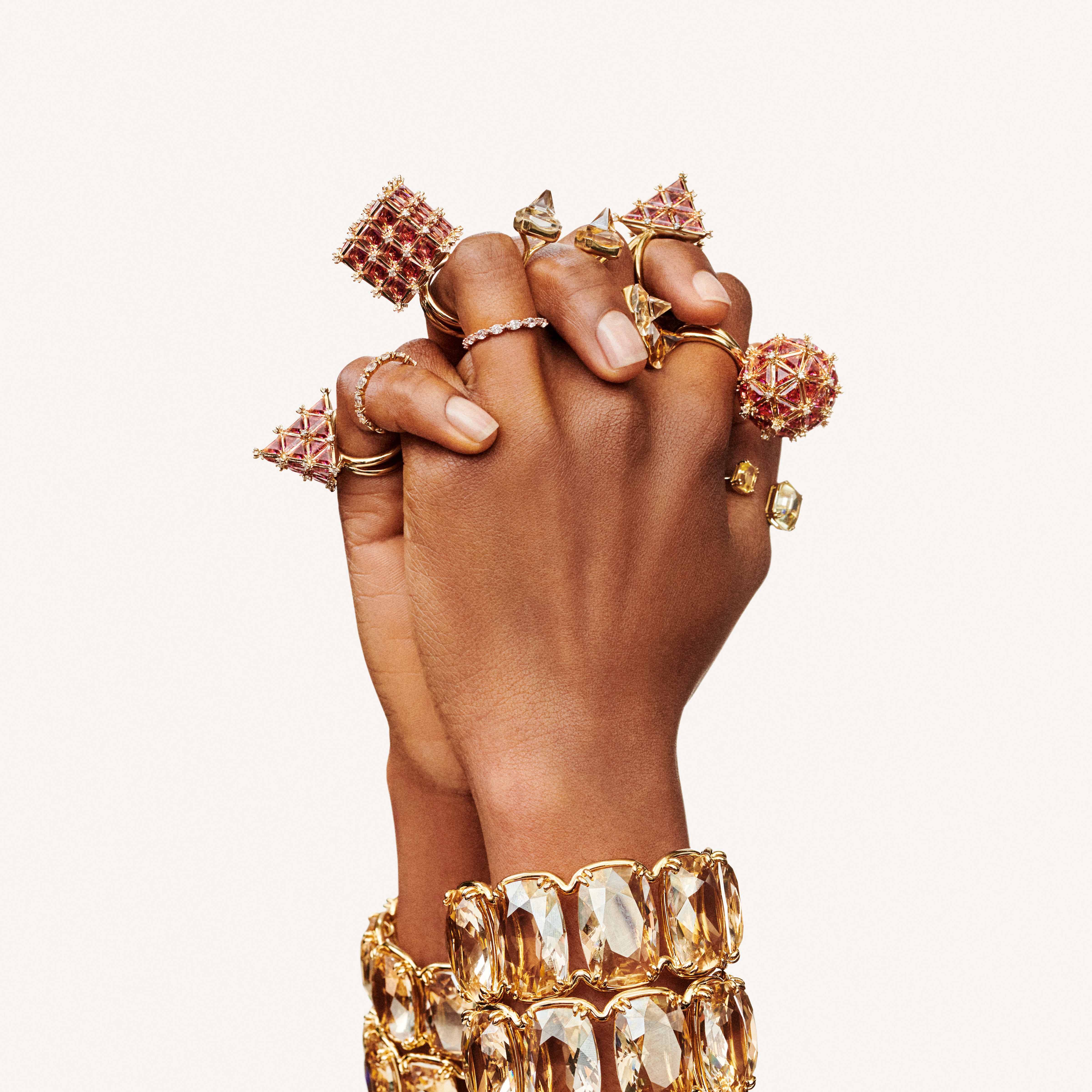 swarovski chroma ring  pyramid cut crystals  multicolored  gold tone plated