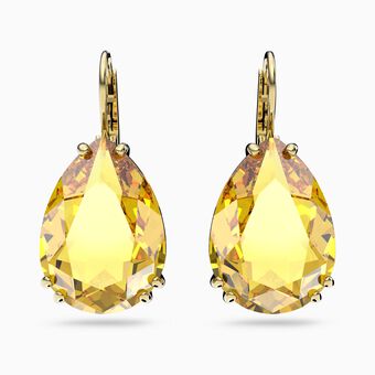 Millenia earrings, Pear cut crystal, Yellow, Gold-tone plated