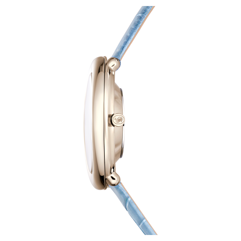 swarovski imber oval watch  swiss made  leather strap  blue  champagne gold tone finish