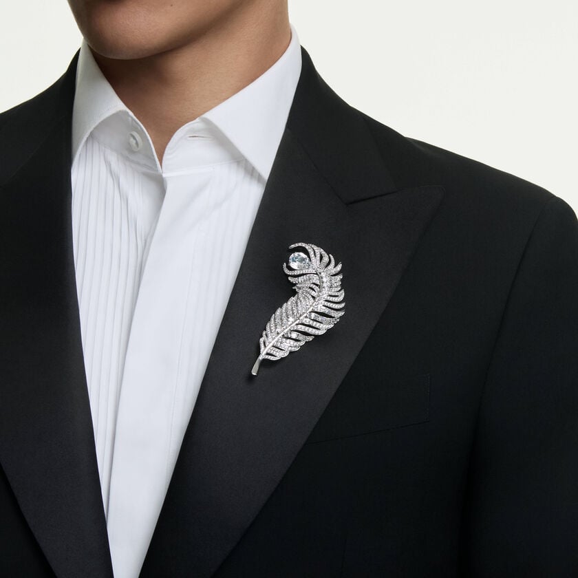 swarovski vienna brooch  mixed cuts  feather  white  rhodium plated