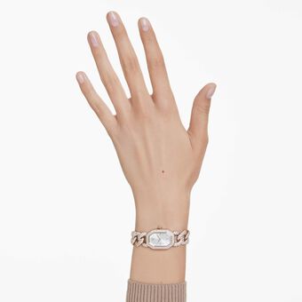 swarovski dextera chain watch  swiss made  crystal bracelet  white  champagne gold tone finish