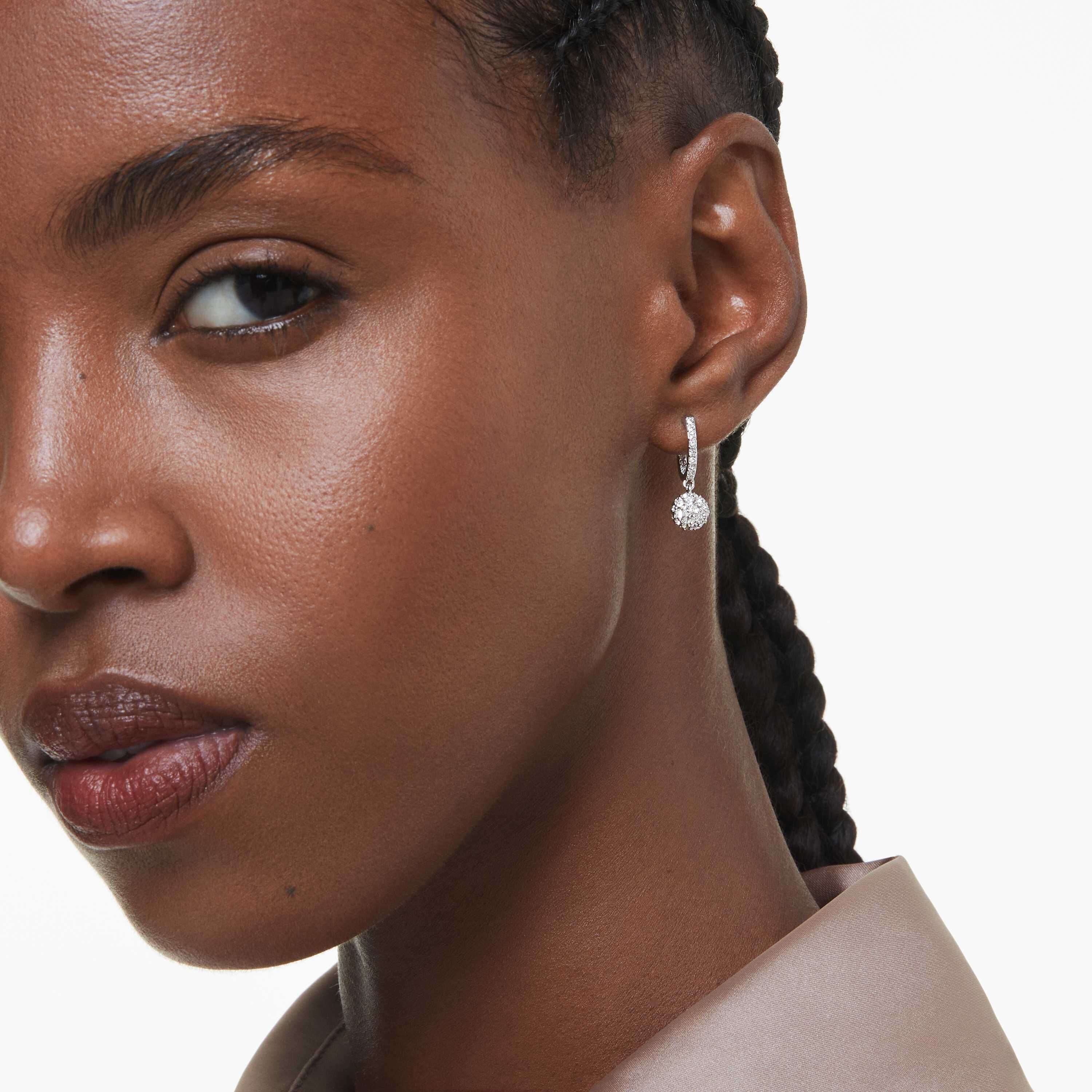 swarovski dextera drop earrings  asymmetrical design  round cut  star and sphere  white  rhodium plated