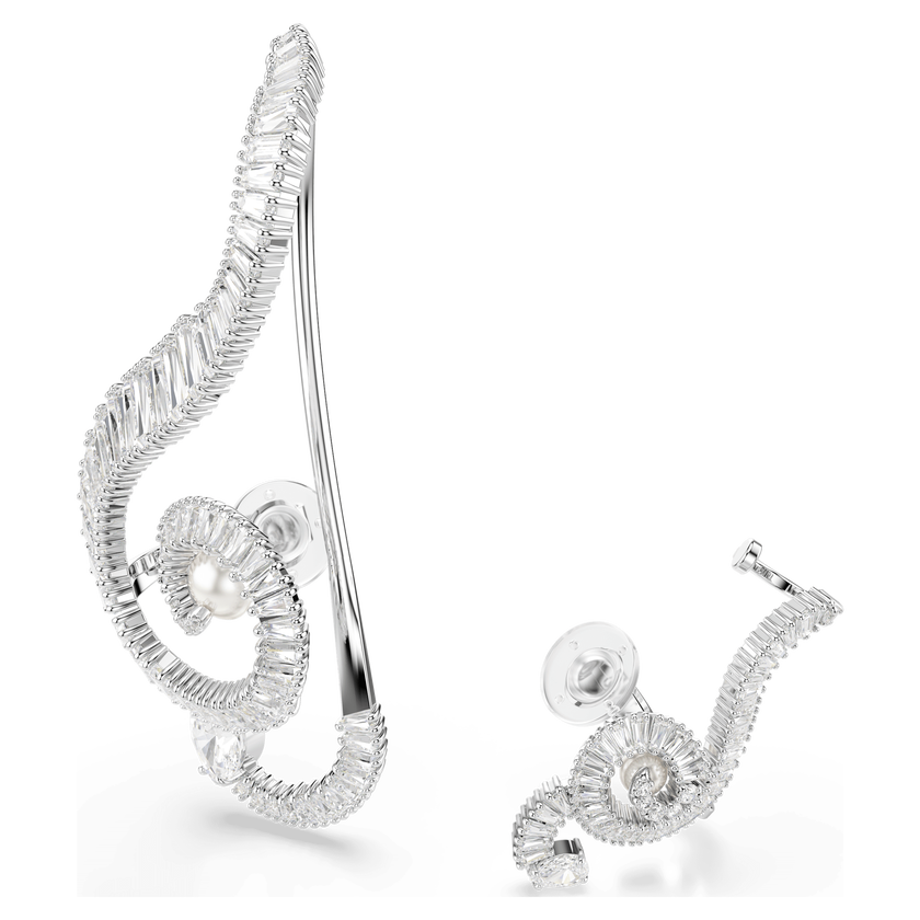 ariana grande x swarovski clip earrings  asymmetrical design  crystal pearl  baguette cut  white  rhodium plated