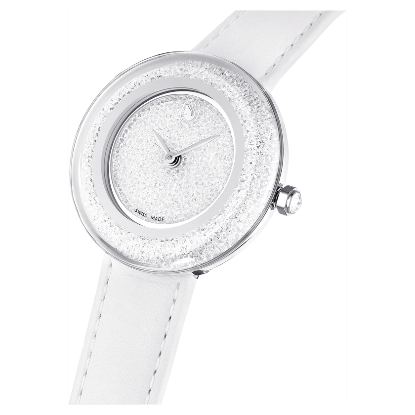 swarovski crystalline lustre watch  swiss made  leather strap  white  stainless steel