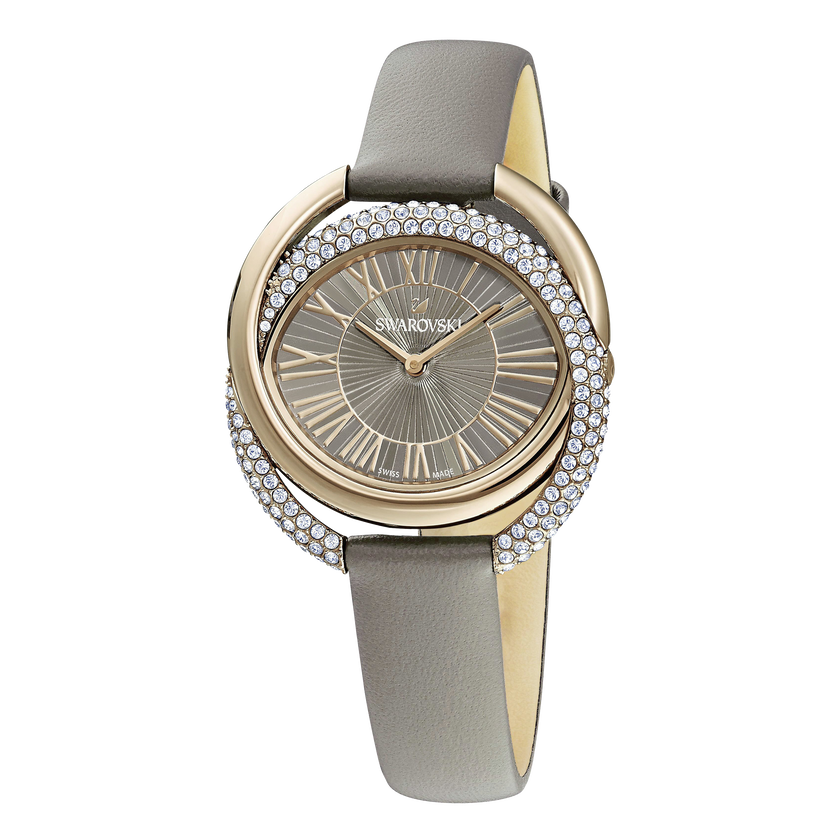 Duo Watch, Leather Strap, Gray, Champagne-gold tone PVD