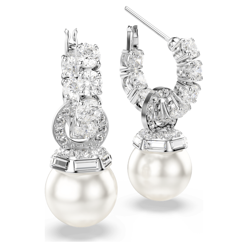 swarovski matrix drop earrings  crystal pearl  round cut  white  rhodium plated