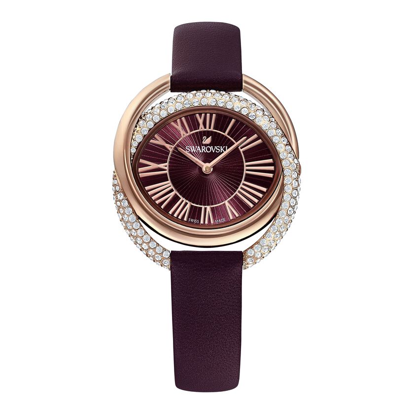 Duo Watch, Leather Strap, Dark red, Rose-gold tone PVD