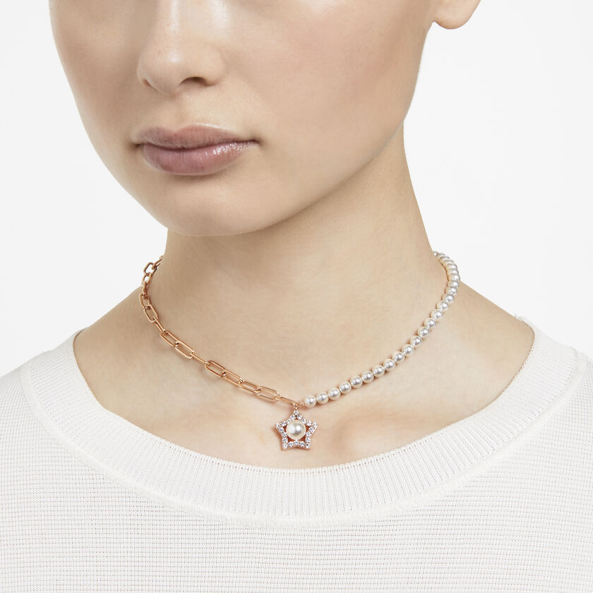 Stella pendant, Crystal pearls, Star, White, Rose gold-tone plated