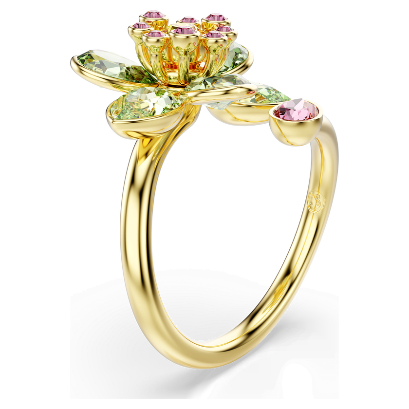 swarovski idyllia open ring  mixed cuts  flower  green  gold tone plated