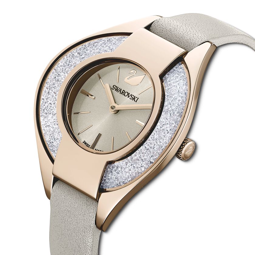 Crystalline Sporty Watch, Leather strap, Grey, Champagne-gold tone PVD