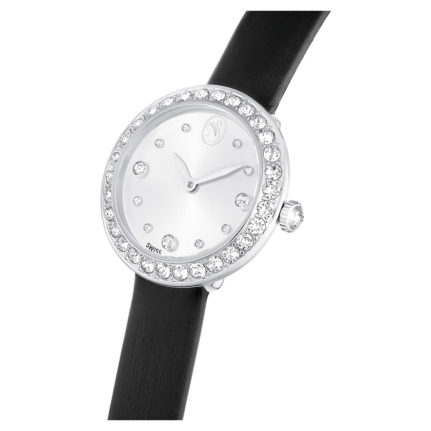 swarovski matrix tennis watch  swiss made  leather strap  black  stainless steel