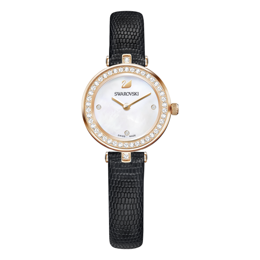 Aila Dressy Mini Watch, Leather strap, Black, Rose-gold tone PVD