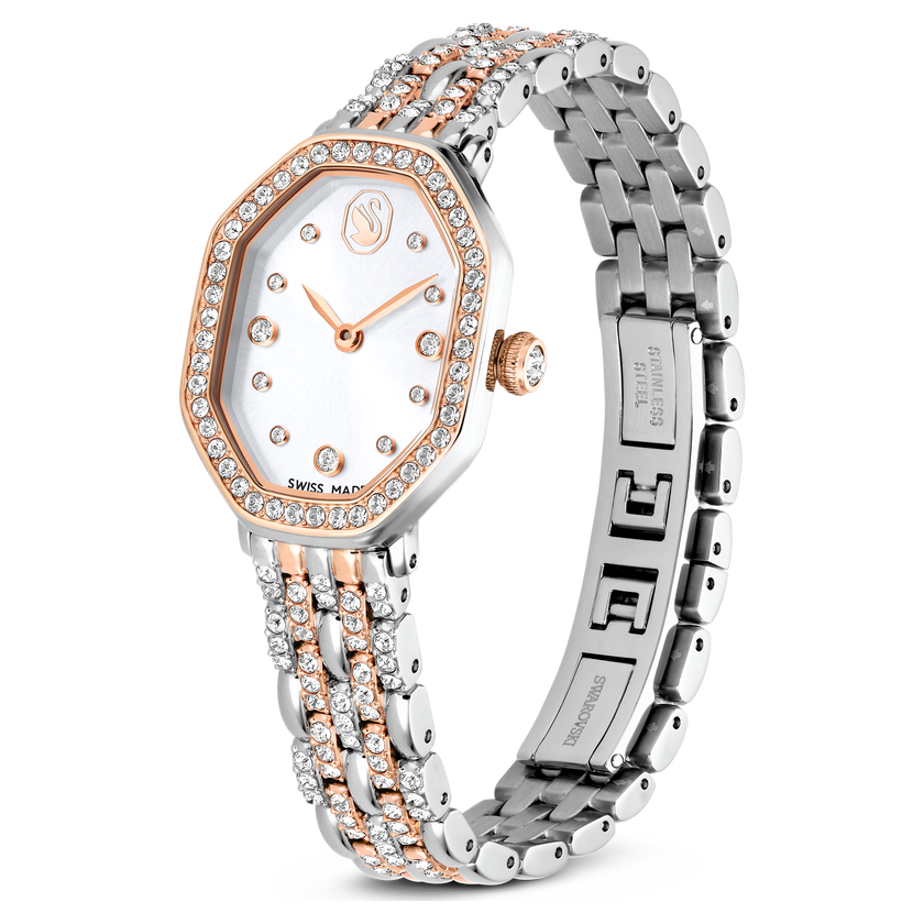 swarovski dextera octagon watch  swiss made  metal bracelet  silver tone  rose gold tone finish