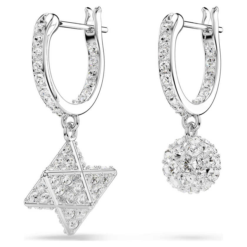 swarovski dextera drop earrings  asymmetrical design  round cut  star and sphere  white  rhodium plated