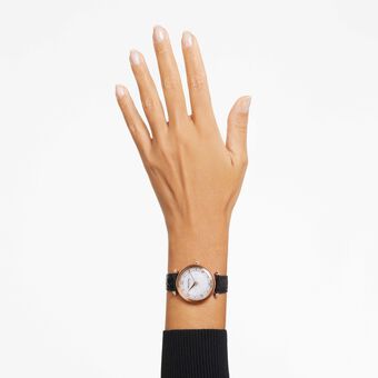 swarovski crystalline wonder watch  swiss made  leather strap  black  rose gold tone finish