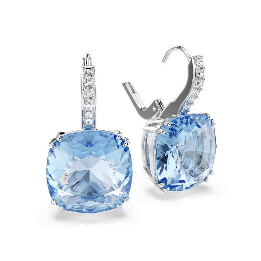 swarovski millenia drop earrings  cushion cut  blue  rhodium plated